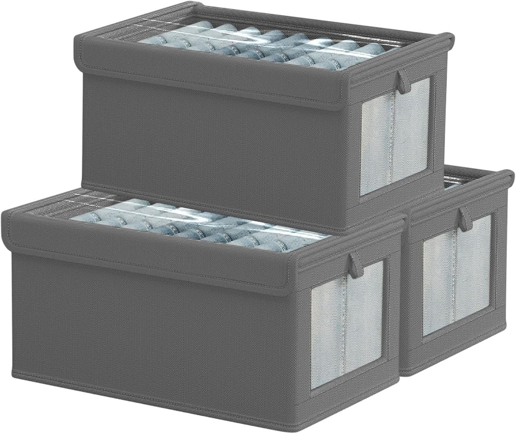 Glowvia 3 Pack Fabric Storage Bins with Lids, Wardrobe Storage Organiser, Stackable Storage Bin, Foldable Storage Baskets, Closet Organizers