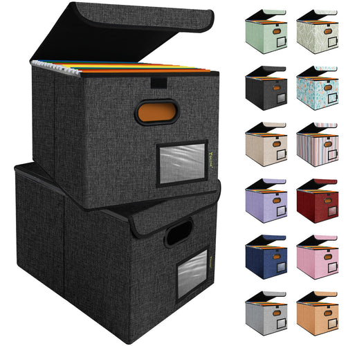 2 Pack Collapsible File Organizer Box with Lid & Plastic Slide, for Office Document Storage