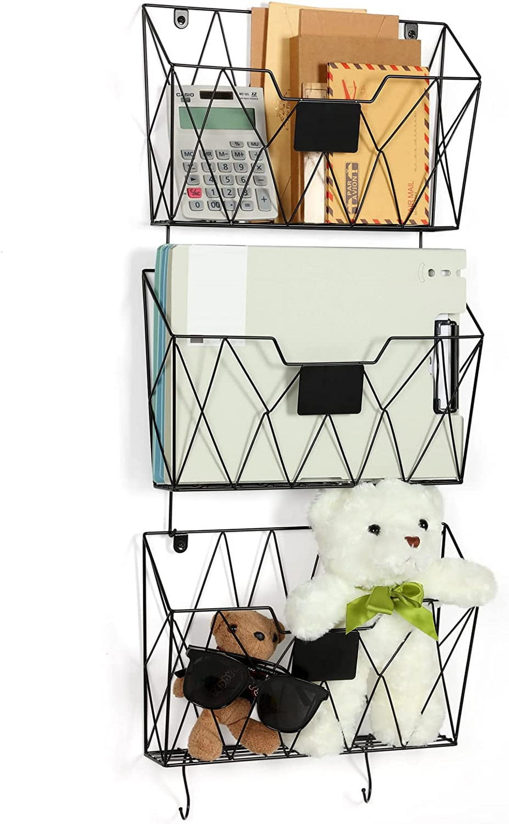 Holder Mount Metal Organizer 3 Pockets Mail Organizer with Hooks for Office Home,Black