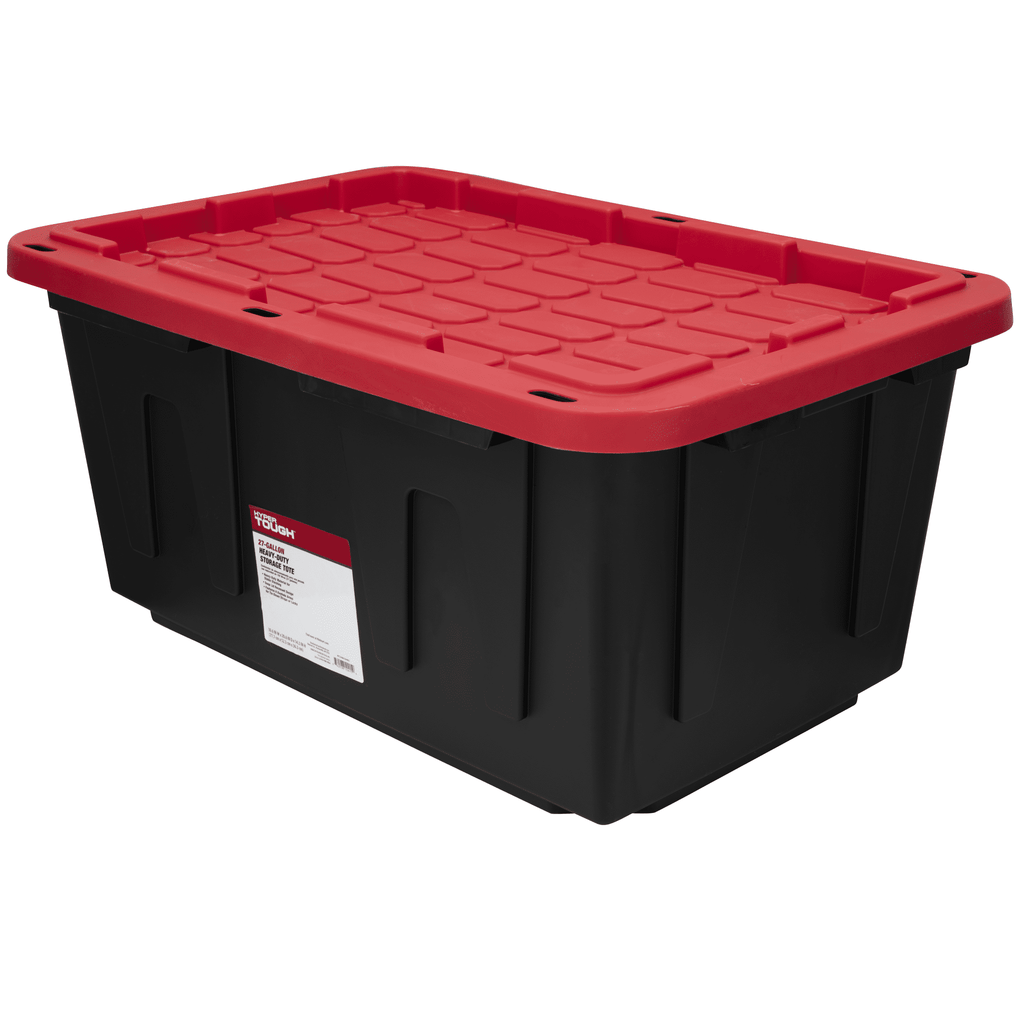 Hyper Tough 27 Gallon Large Storage Bin with Snap Lid, Black and Red, Heavy Duty Plastic Storage Container
