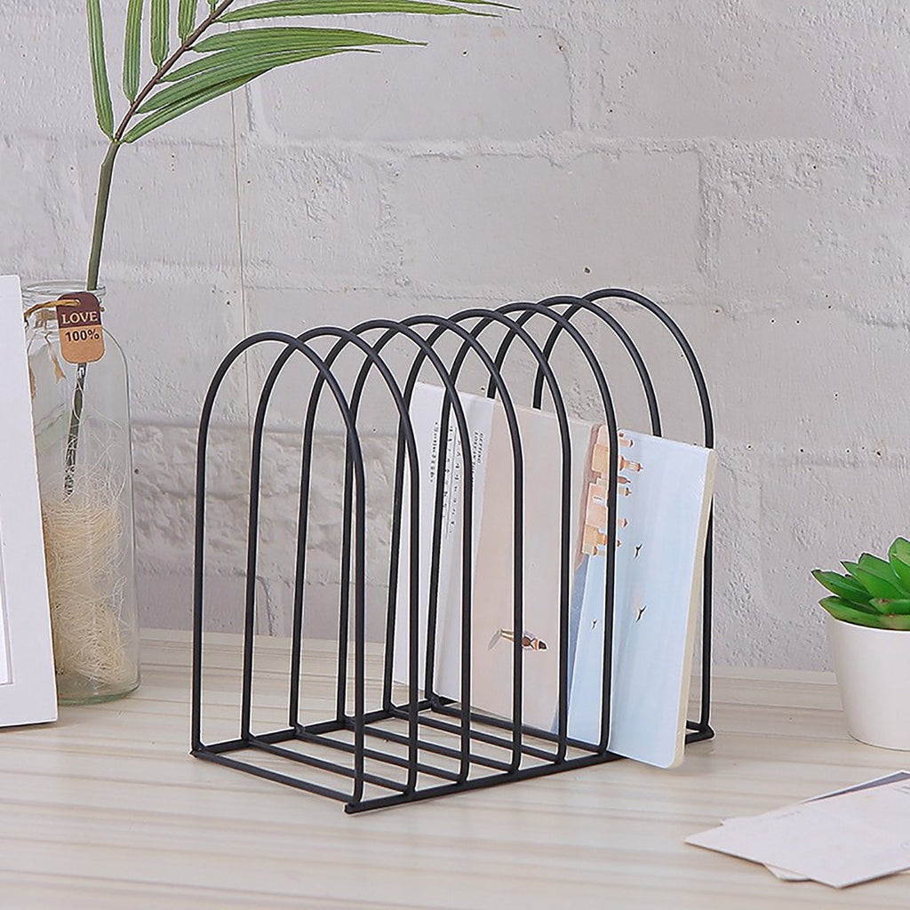 Large Desktop Document Holder, Black Metal Wire File Folder Organizer Rack with 7-Slots and Arch Design