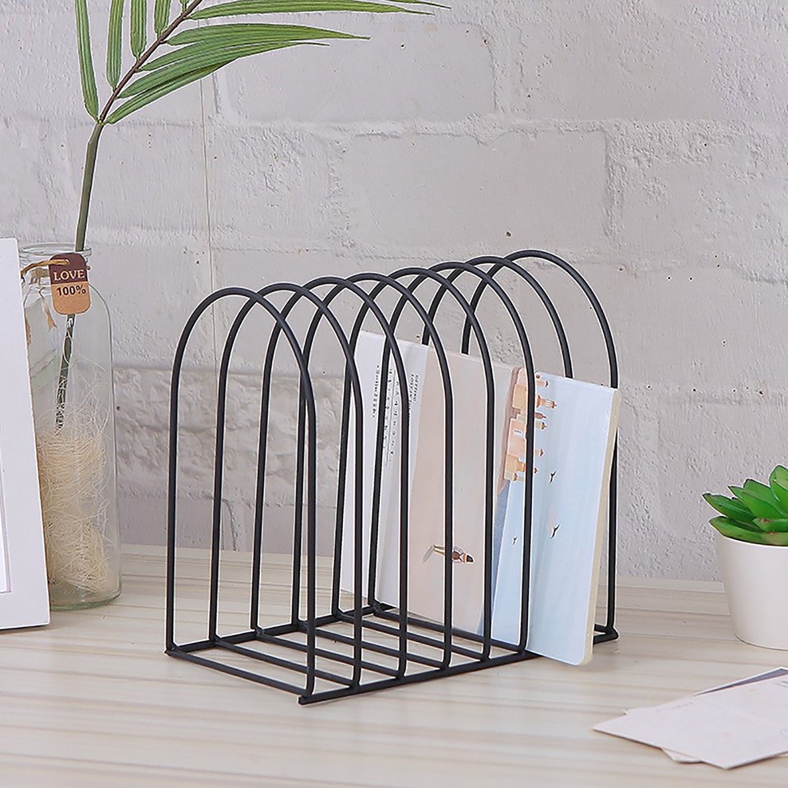 Large Desktop Document Holder, Black Metal Wire File Folder Organizer Rack with 7-Slots and Arch Design