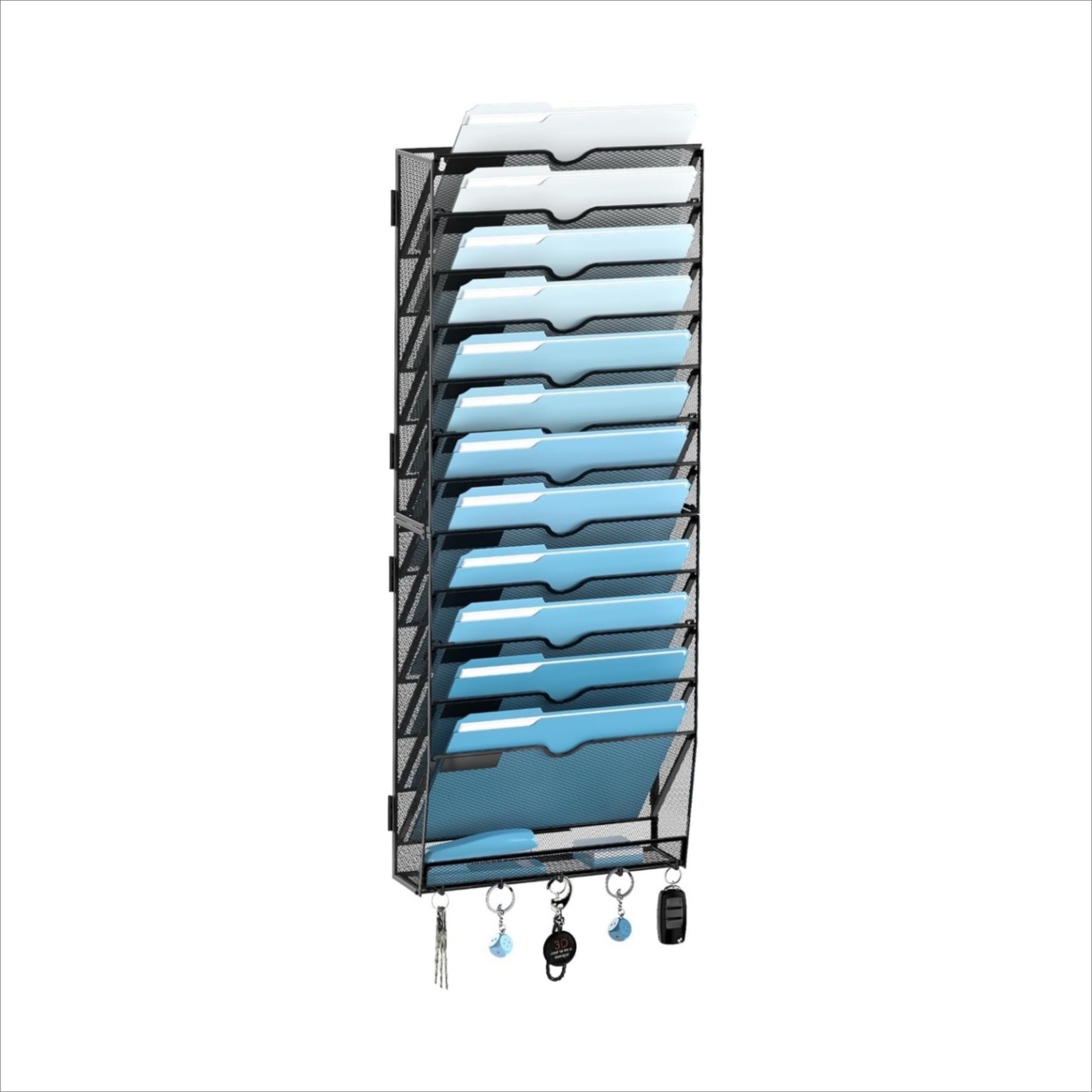 13-Tier Metal Hanging File Organizer with Hooks, Wall Mounted Paper Organizer, Screw Mount