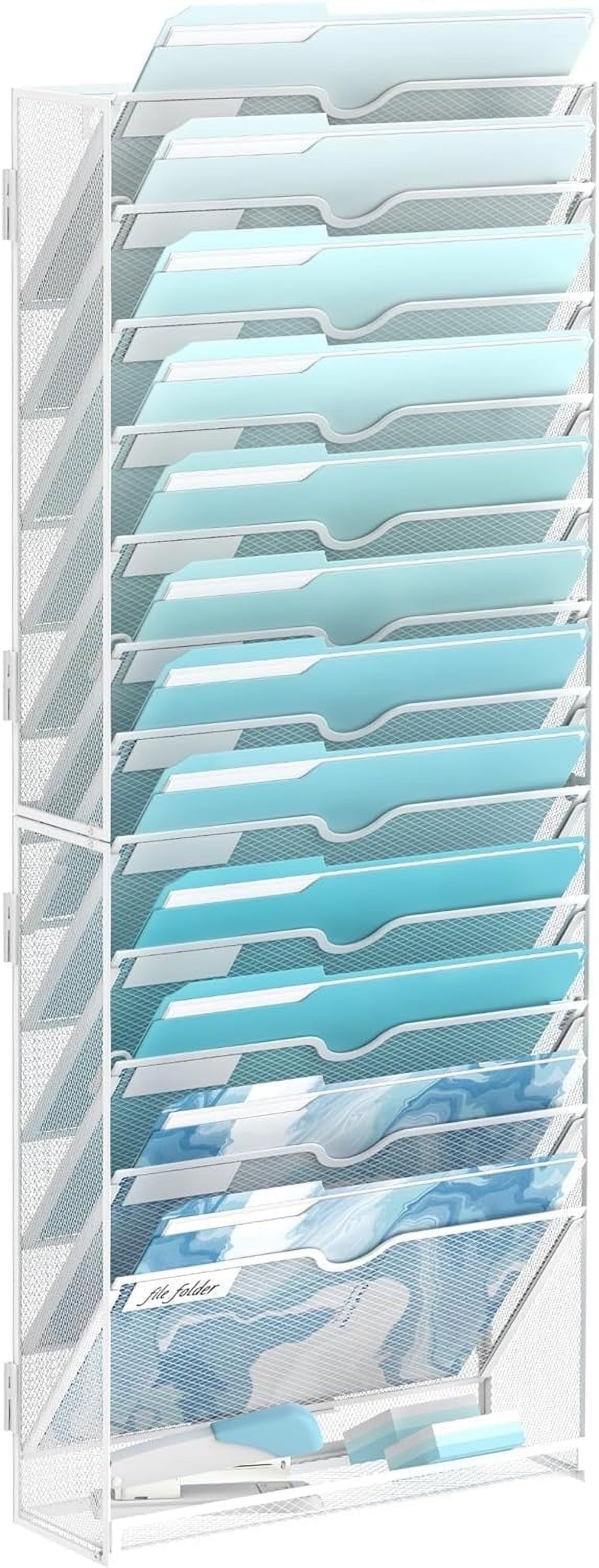13-Tier Wall File Organizer, Metal Hanging Mounted Paper Rack, White, Screw Installation