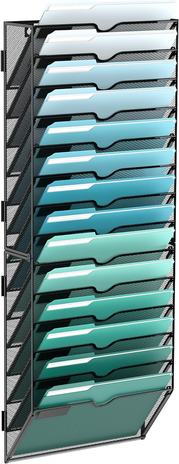 14-Tier Metal Wall Organizer, Mount Hanging File Organizer for Home, Office, Black, Screw Installation
