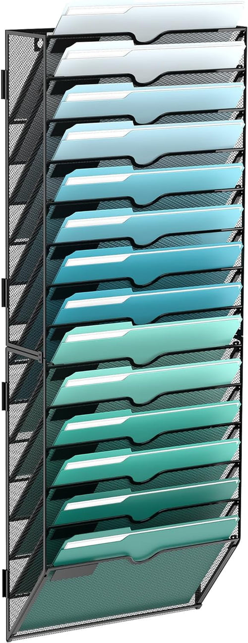 14-Tier Metal Wall Organizer, Mount Hanging File Organizer for Home, Office, Black, Screw Installation