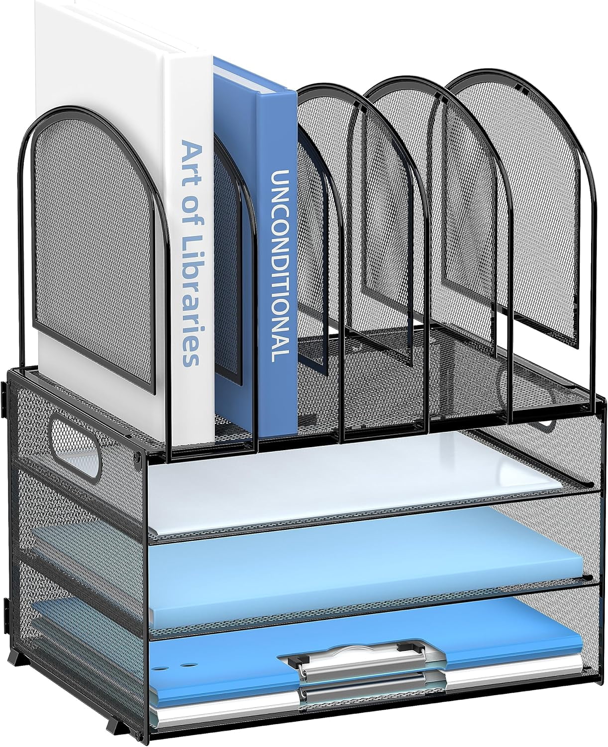 INTIGE Desk Organizer with Vertical File Holder, 3 Tier Desktop Organizer with 5 File Folder Holders and Handles, Metal Mesh File Organizers
