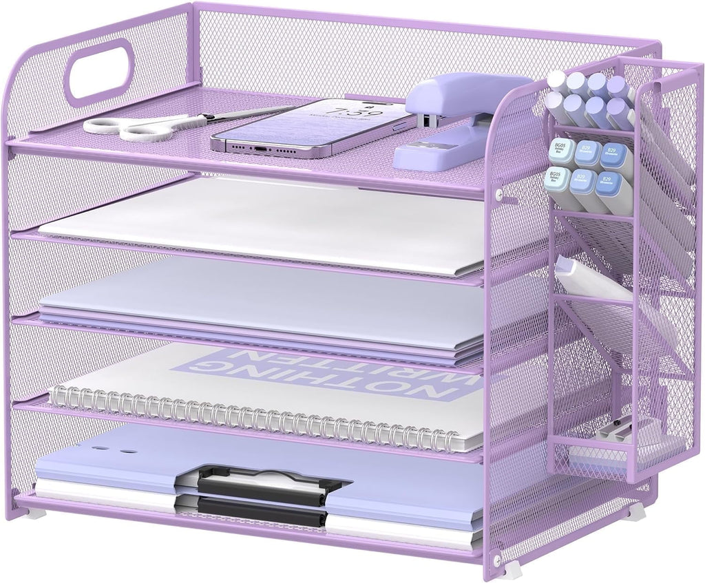 INTIGE 5-Tier Metal Mesh Desk Organizer with Handle & Removable Pen Holders, Purple, 1 Pcs