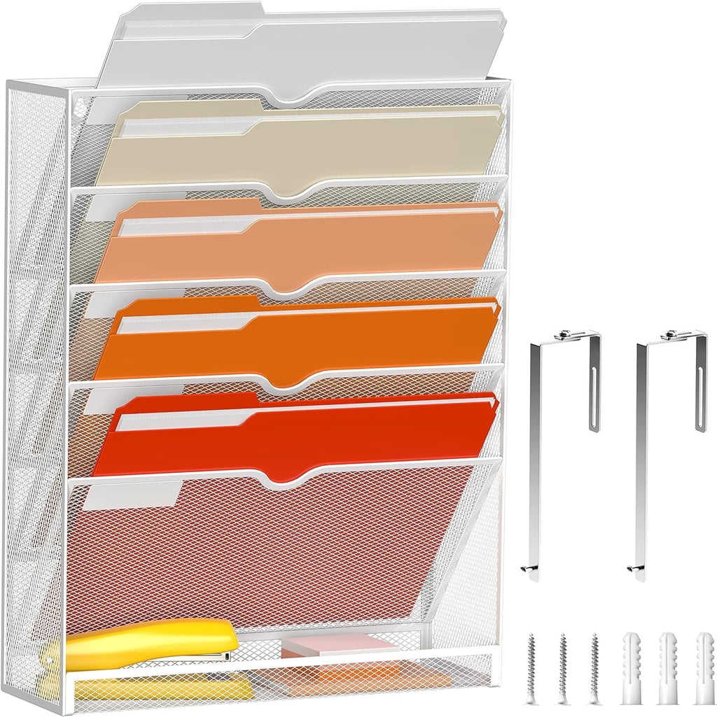 INTIGE 6-Tier Desk Organizer with Hooks, Hanging Wall File Holder for Office Home, White, 1 Pcs