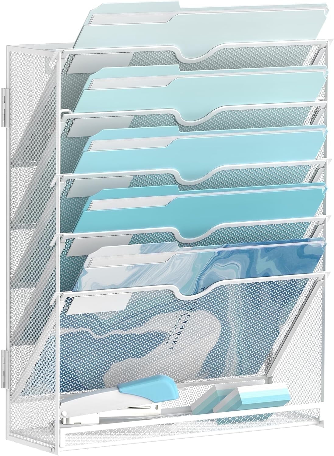 6-Tier Metal Wall File Organizer, Wall Mounted Paper Organizer, White, Assemble