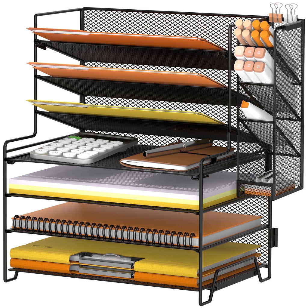7-Tier Metal Mesh Desk File Organizer with 4 Pen Holder, Paper Organizer, Black