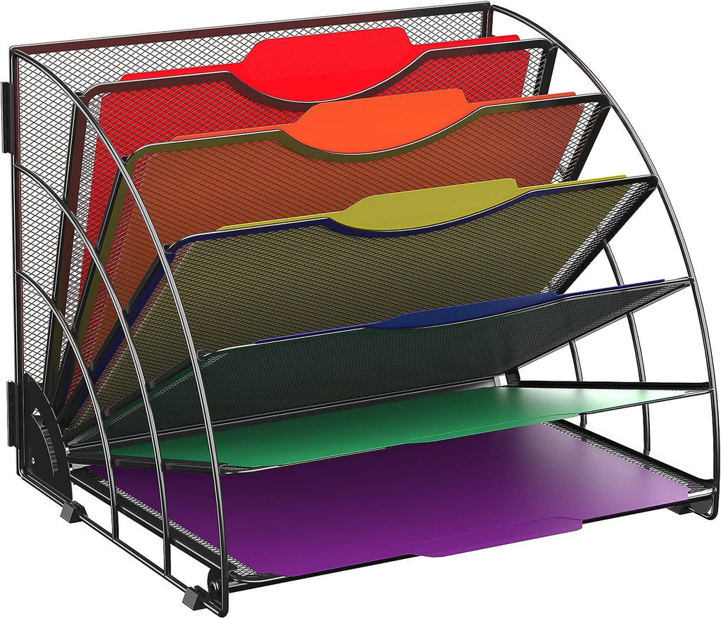 Fan Shaped Desk File Organizer, 6 Compartments,Desk Storage for Office, Black