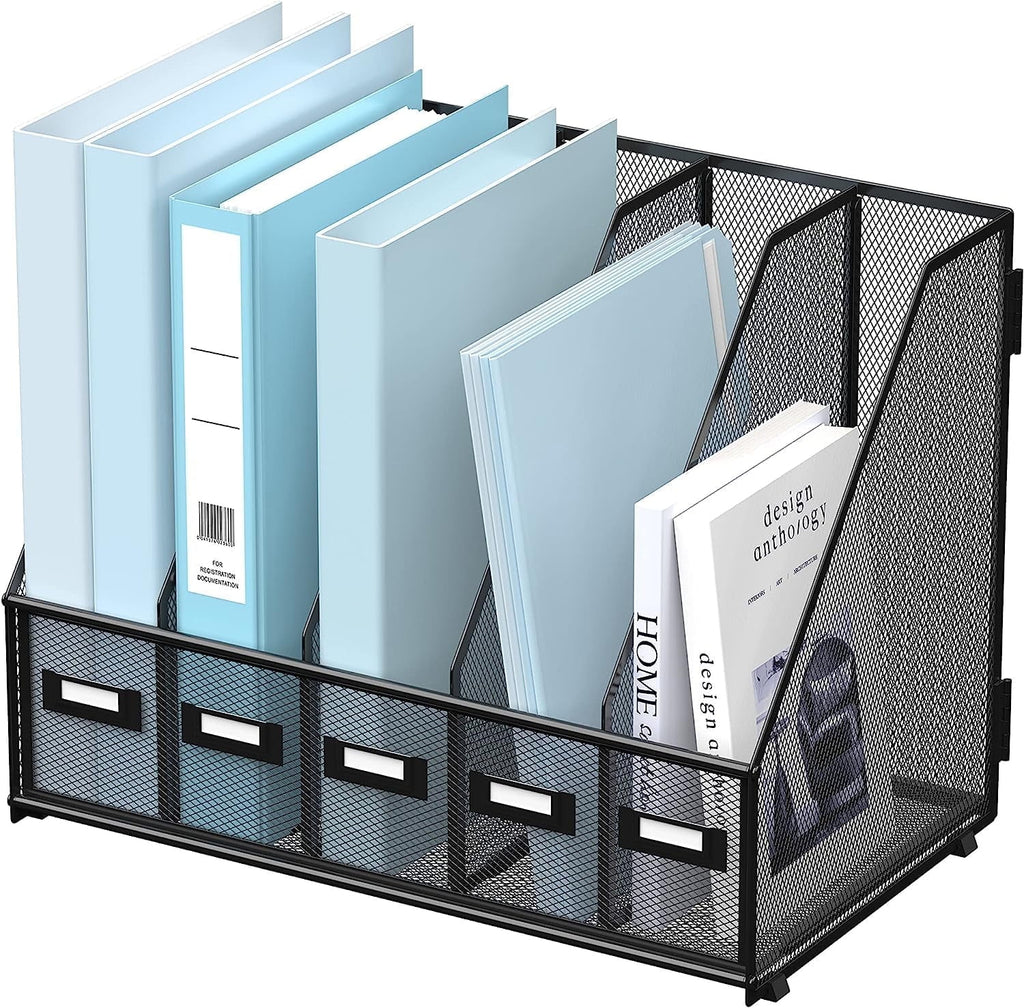 Metal Desk File Organizers with 5 Vertical Compartments for Office, Home, Black, 1 Piece