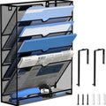 Metal Mesh Wall File Holder 6 Tier Hanging Wall File Organizer with Hooks, Black, Wall Mount