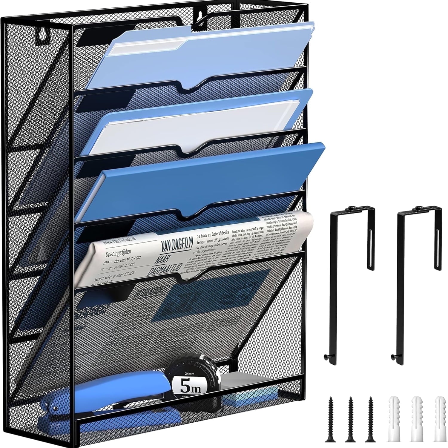 Metal Mesh Wall File Holder 6 Tier Hanging Wall File Organizer with Hooks, Black, Wall Mount