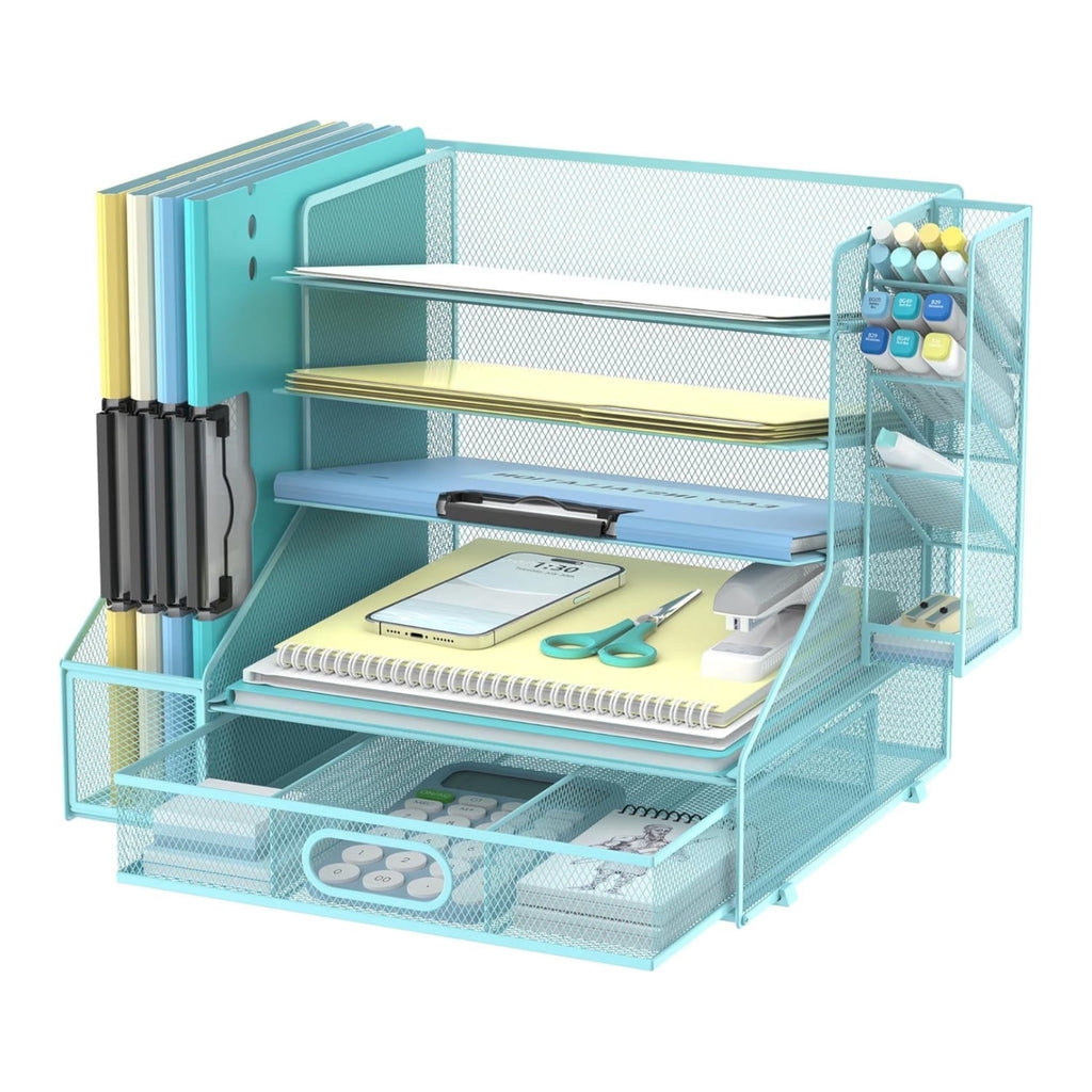 INTIGE Paper Organizer for Desk with 3 Pen Holders, 5-Tier Desk Organizer Tray with Handles, Metal File Organizer Storage