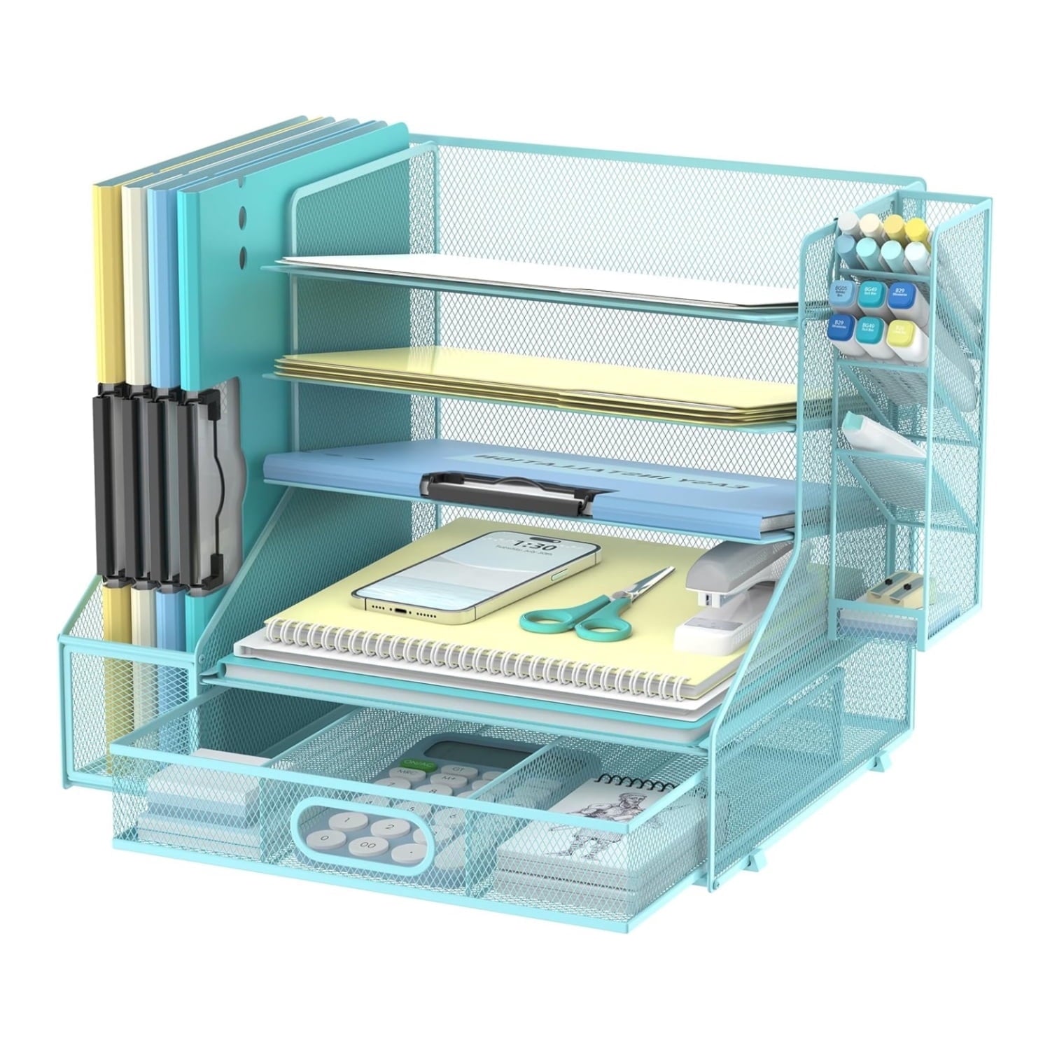 INTIGE Paper Organizer for Desk with 3 Pen Holders, 5-Tier Desk Organizer Tray with Handles, Metal File Organizer Storage