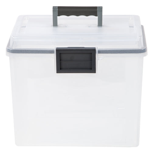 IRIS USA 19 Qt. WEATHERPRO Plastic Office Storage Portable Letter Size File Box with Organizer-Lid and Seal and Secure Latching Buckles, Cle