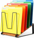 Inclined Desk File Organizer, 5-Section Vertical File Folder Holder Stand, Metal File Sorter Rack with Wooden Base, D...