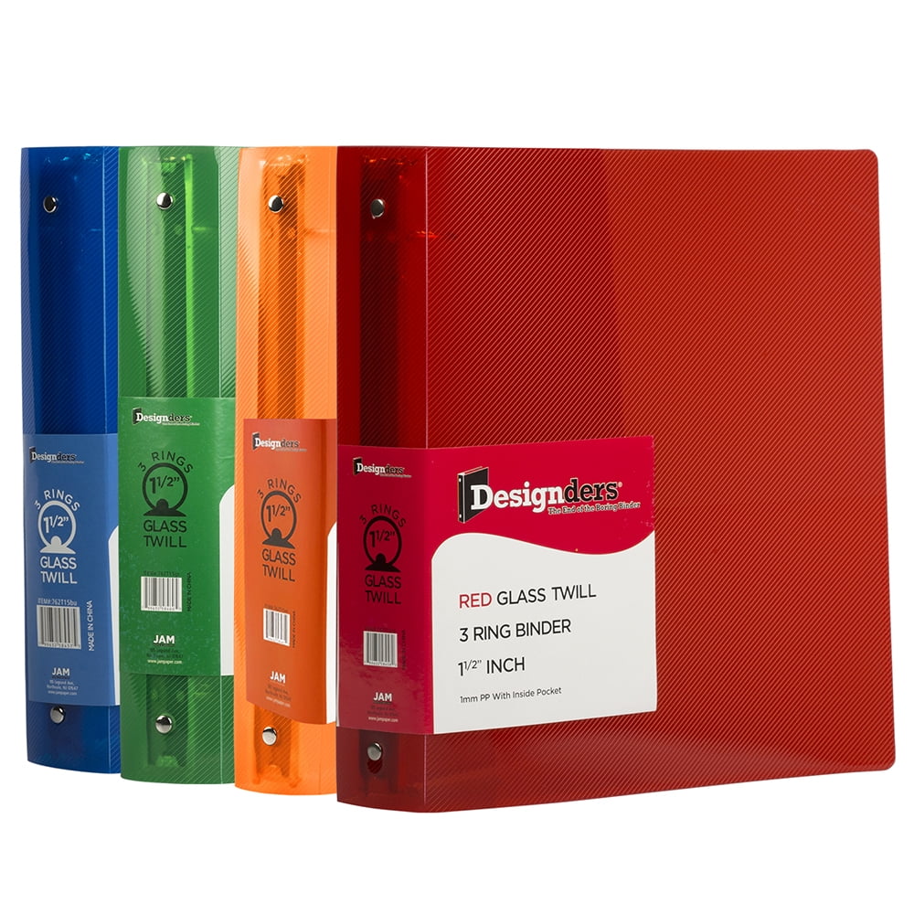 Plastic 1 1/2 in Binders, 3 Metal Rings, Assorted (Red, Blue, Green & Orange), 4/Pack