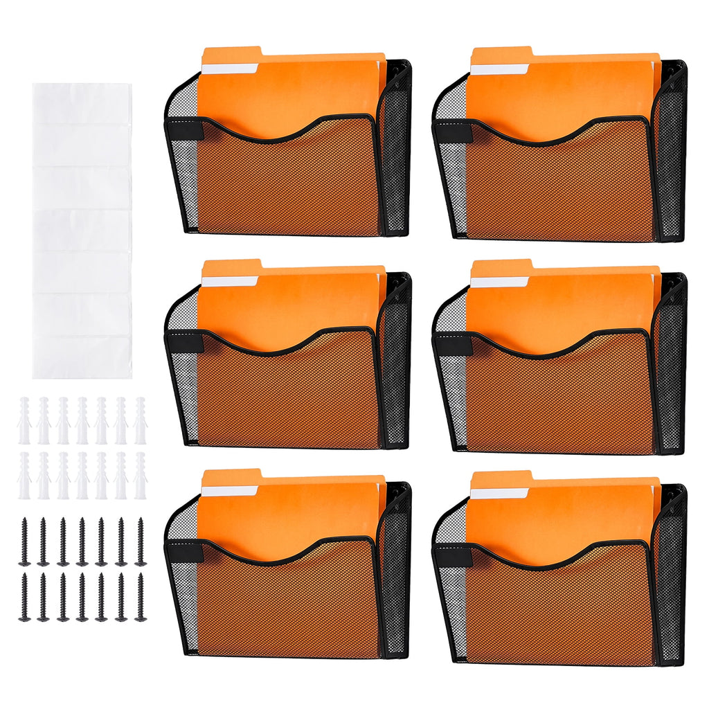 KFFKFF Wall File Rack, 6-Unit Single Pocket Mesh Organizer, Wall-Hanging Magazine, Mail, Document & Paper Storage Folder, Metal Wall-Mounted