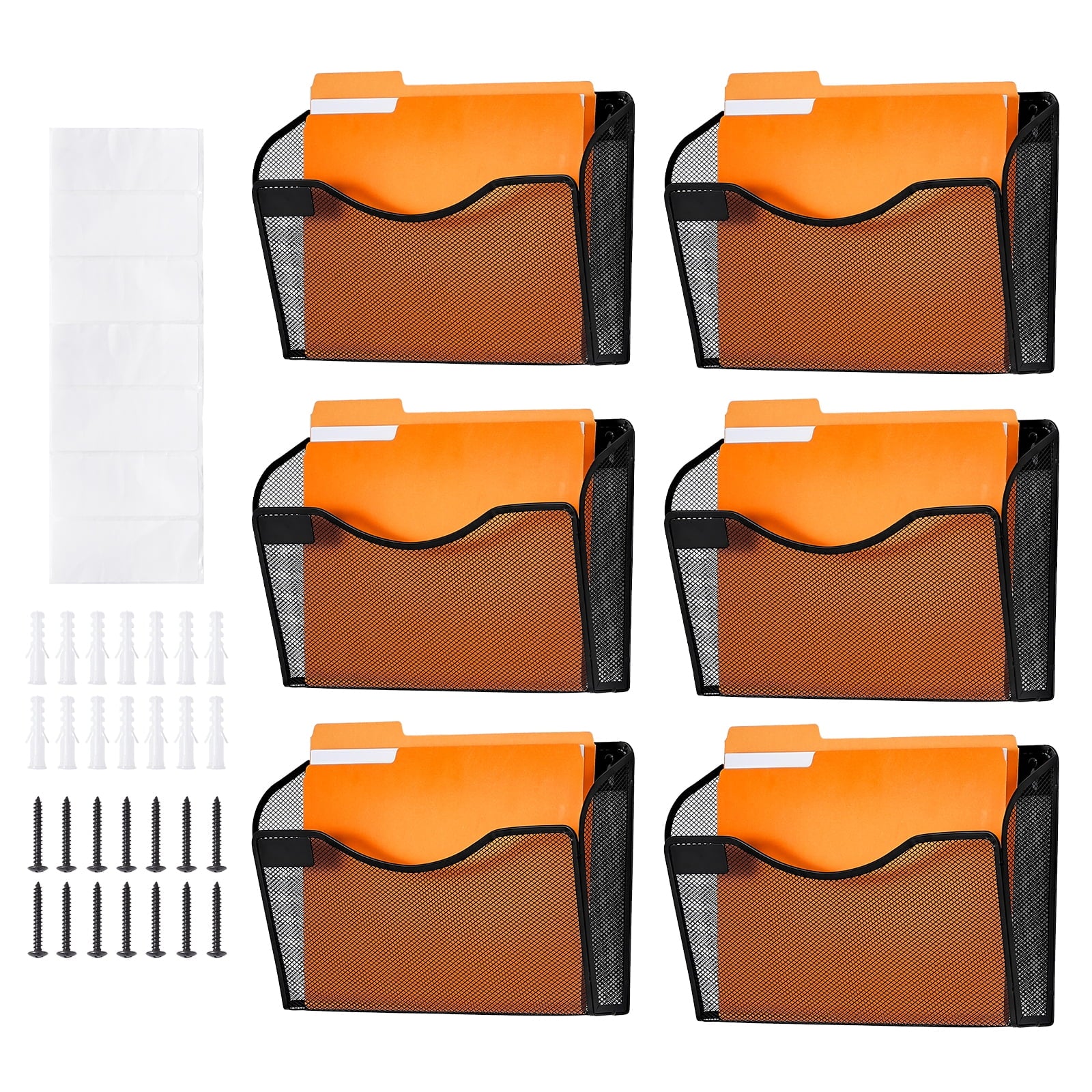 KFFKFF Wall File Rack, 6-Unit Single Pocket Mesh Organizer, Wall-Hanging Magazine, Mail, Document & Paper Storage Folder, Metal Wall-Mounted