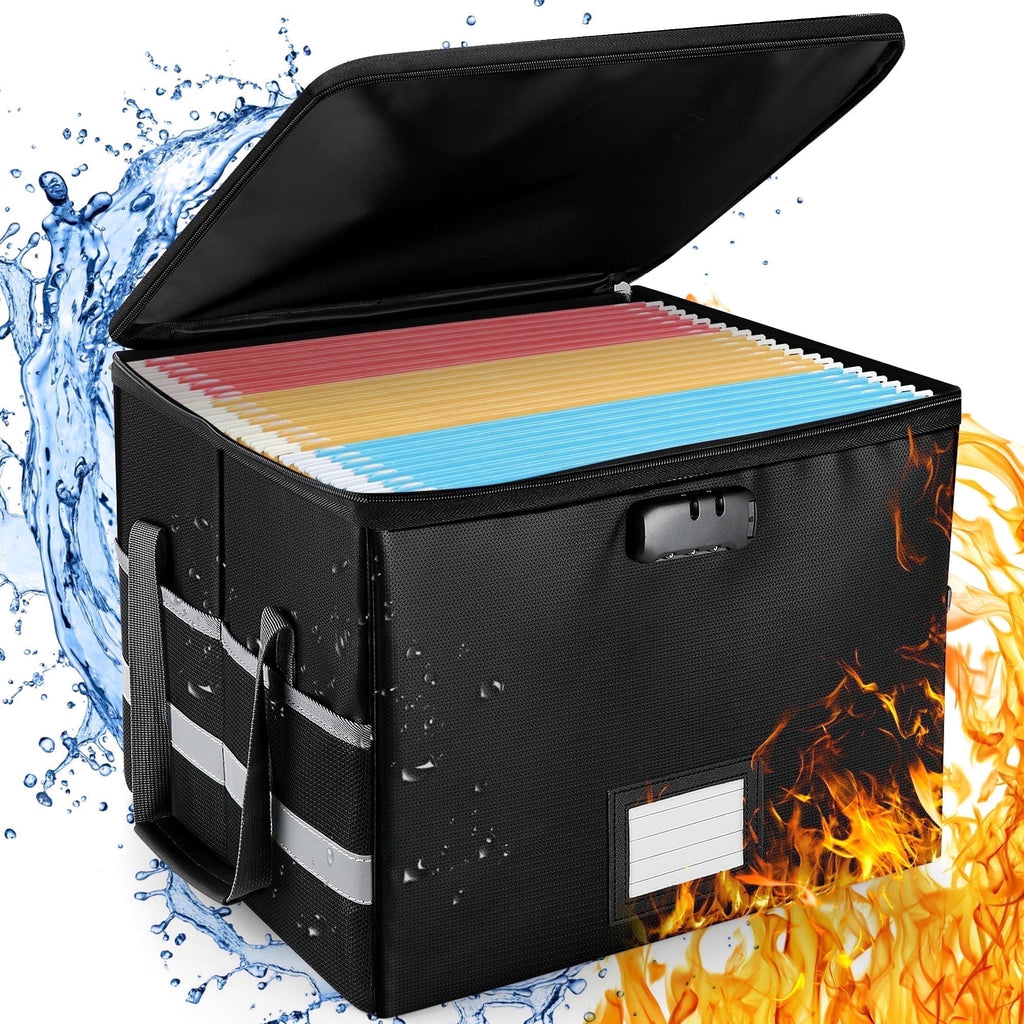 File Box with Lock, Fireproof File Document Organizer for Home Office Hanging Letter/Legal Folder (Black)
