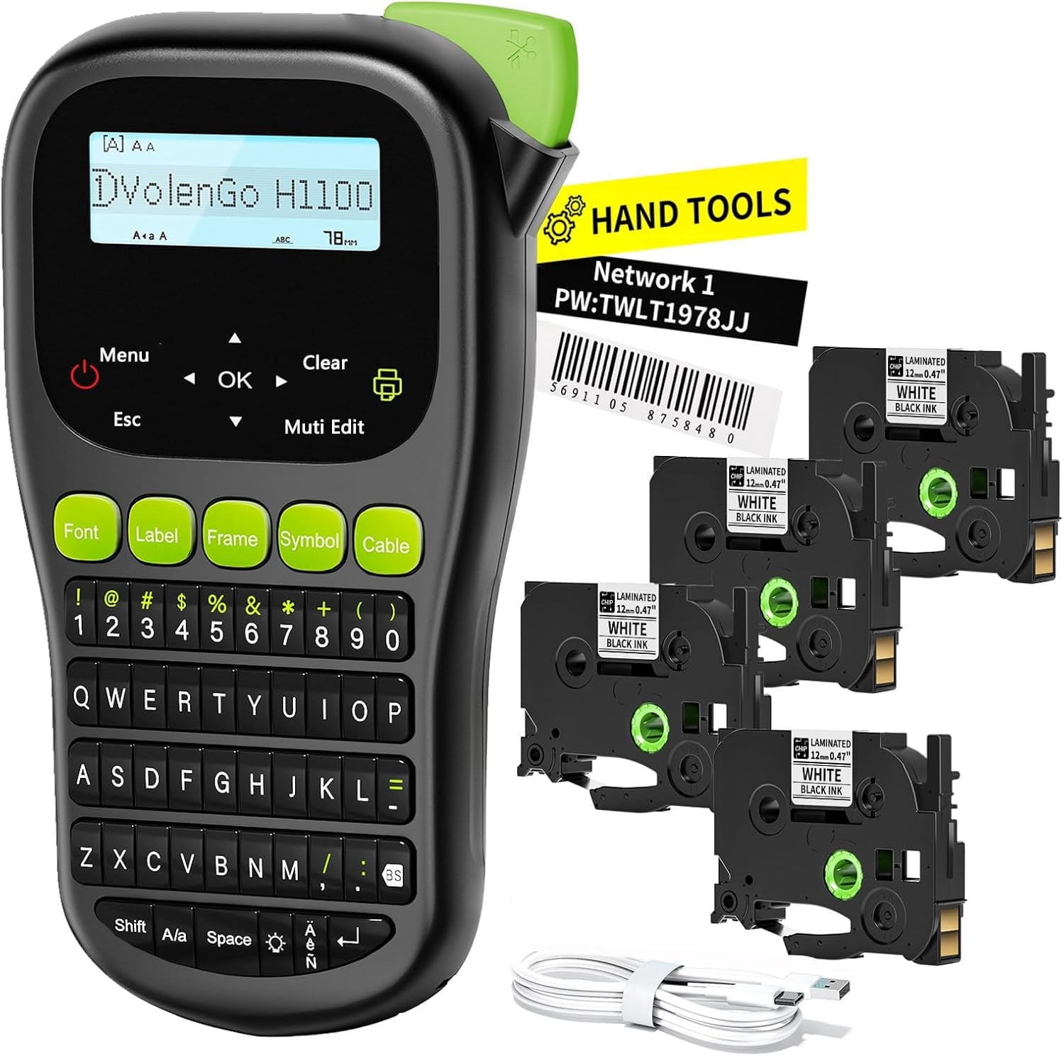 Label Maker Machine with 4 Tapes, Wire Label Maker Waterproof-Labels, Laminated Handheld Label Printer, Backlit & Portable & 3 Cable Modes,