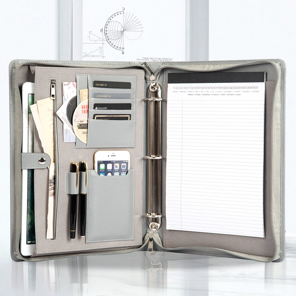 3-Ring Binder, Eco-Friendly Leather Portfolio, Zippered Business Organizer, Gray