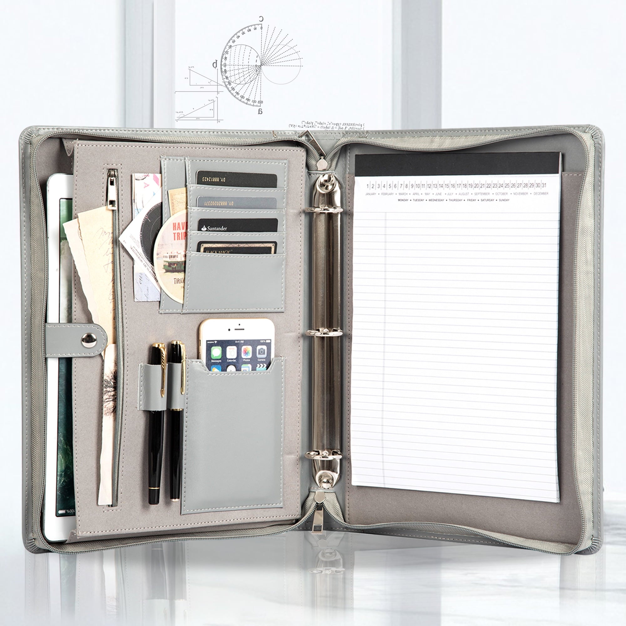 3-Ring Binder, Eco-Friendly Leather Portfolio, Zippered Business Organizer, Gray