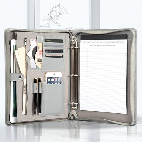 3-Ring Binder, Eco-Friendly Leather Portfolio, Zippered Business Organizer, Gray