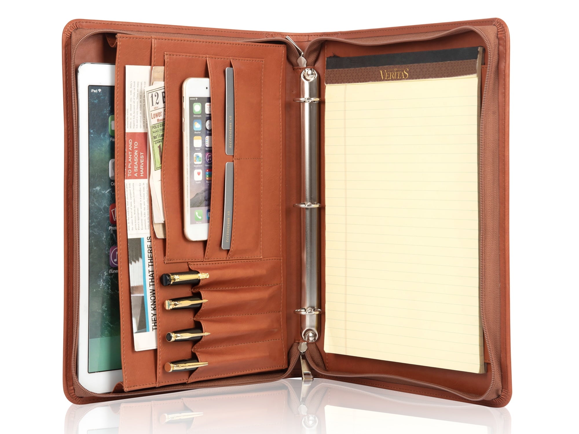LeatherBelief Portfolio 3 Rings Binder,Zipper PU Leather Padfolio, Business Organizers with A4 Legal Pads, Gift for Him, Brown