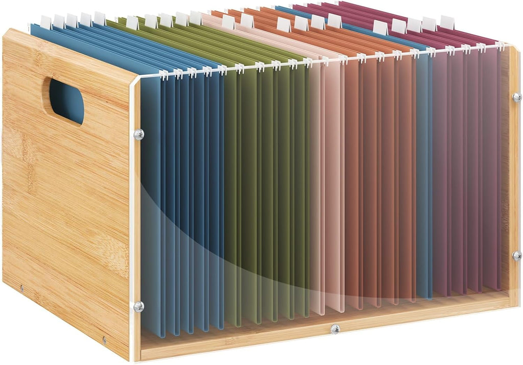 Bamboo Acrylic File Box Organizer, Hanging File Folder Storage Boxes, Decorative Document Crate Transparent Filing Bi...