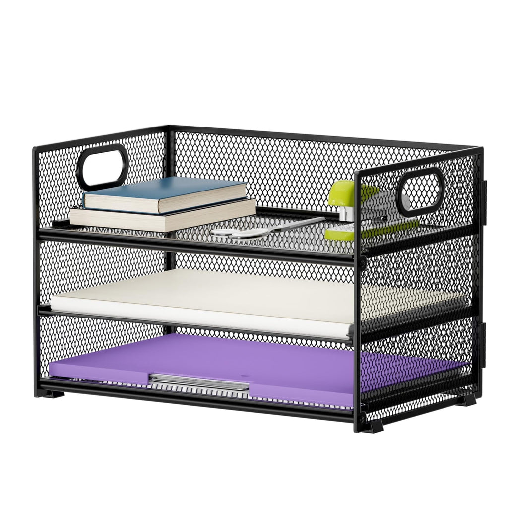 3 Paper Organizer Letter Tray, Mesh File Organizer with Handle, Paper Sorter Desk Organizer for Home Office Supplies