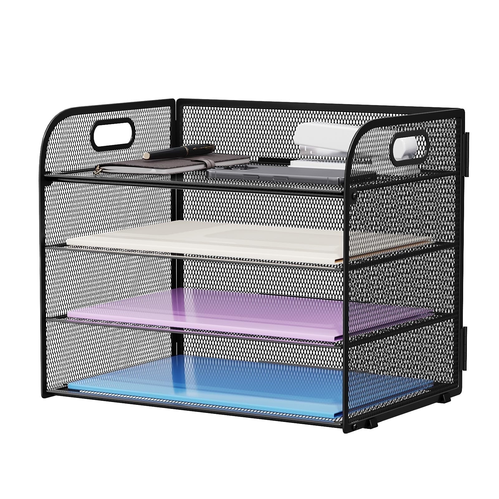 Marbrasse 4-Tier Desk Organizer Tray, ,Paper Organizer for Desk,Mesh Desktop File Organizers with Handle