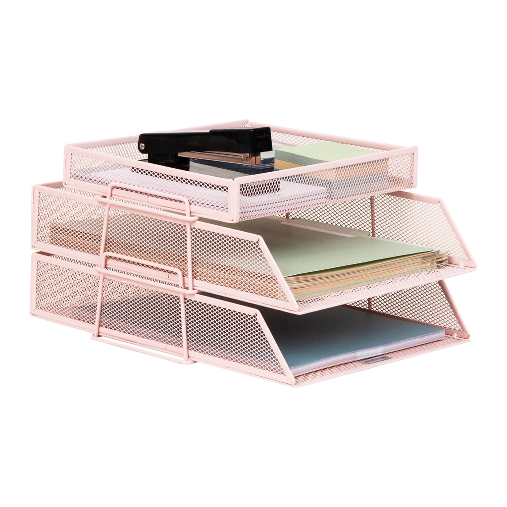 2 Tier Paper Tray with Top Supply Compartment, Desktop File Organizer, Metal Mesh, Pink