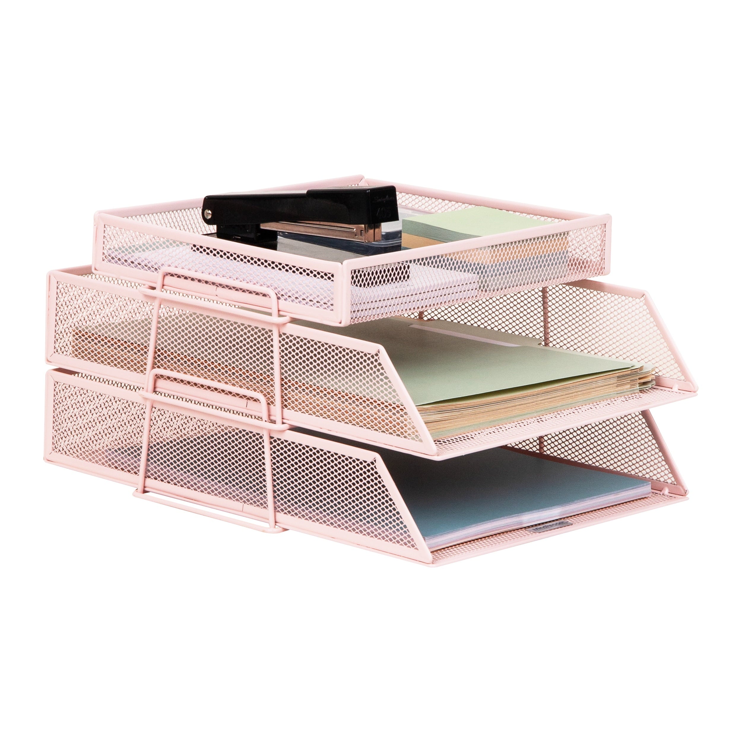 2 Tier Paper Tray with Top Supply Compartment, Desktop File Organizer, Metal Mesh, Pink