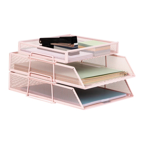 2 Tier Paper Tray with Top Supply Compartment, Desktop File Organizer, Metal Mesh, Pink