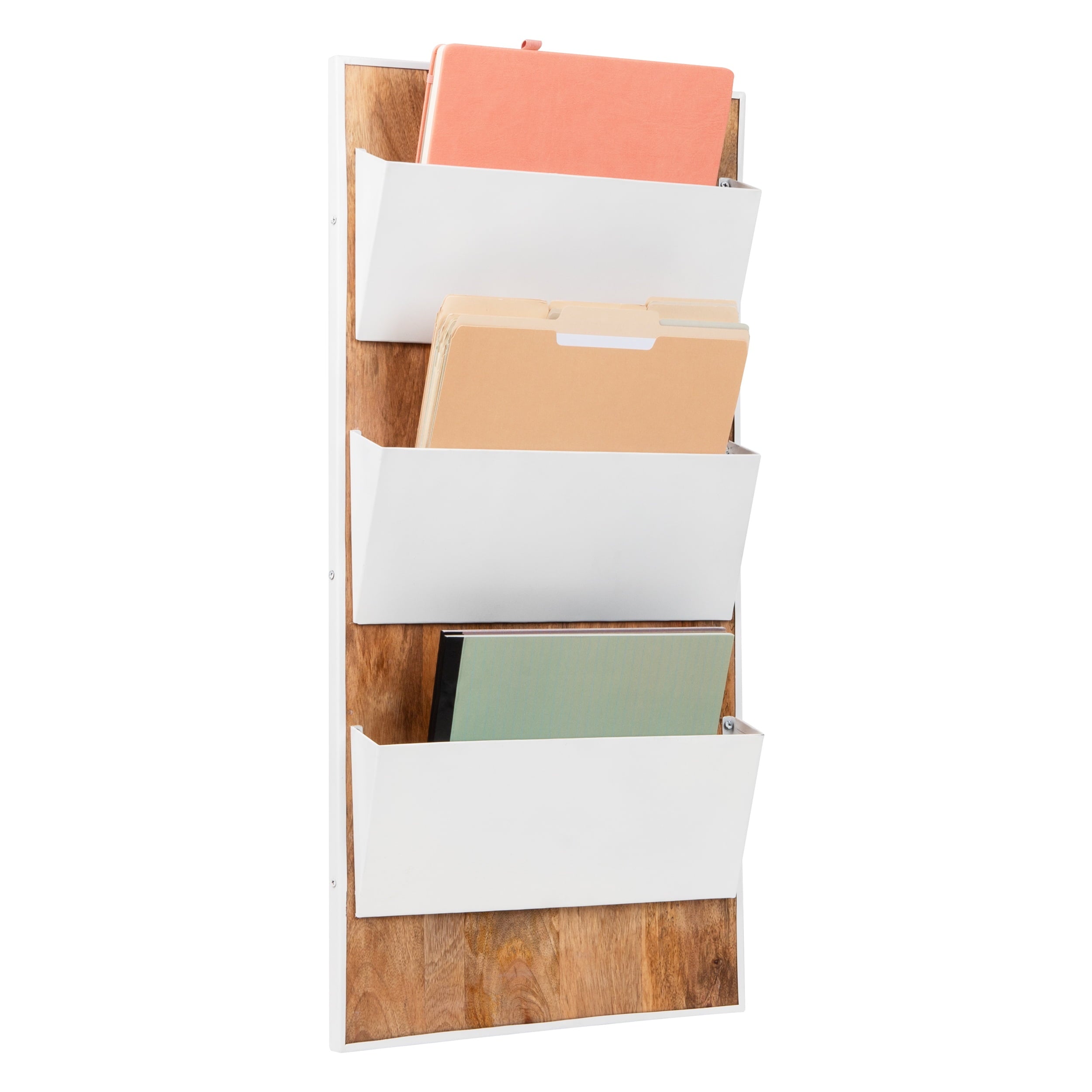 3-Tier Wall-Mounted File Organizer, Wood and Metal Vertical Rack for Mail, Magazines, and Documents, Metal, Wood, White