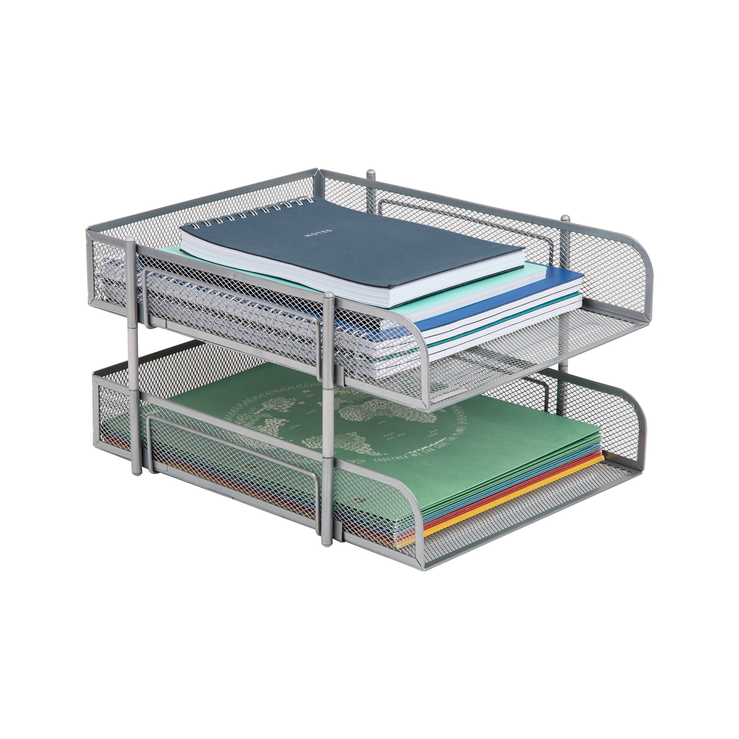 Stackable Paper Tray, Desktop Organizer, File Storage, Office, Metal Mesh, 2 Pcs, White