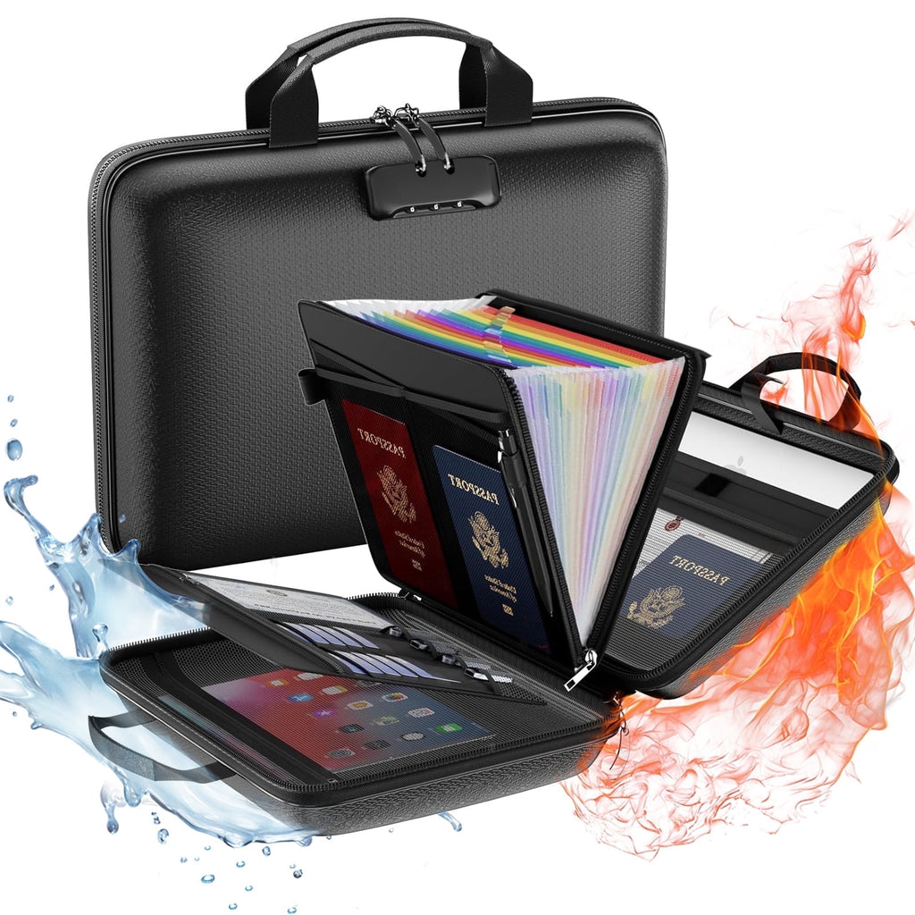 Fireproof File Organizer with Lock, Hard-Shell Case Fireproof Document Box with 13 Pocket Accordion File Folder, Port...