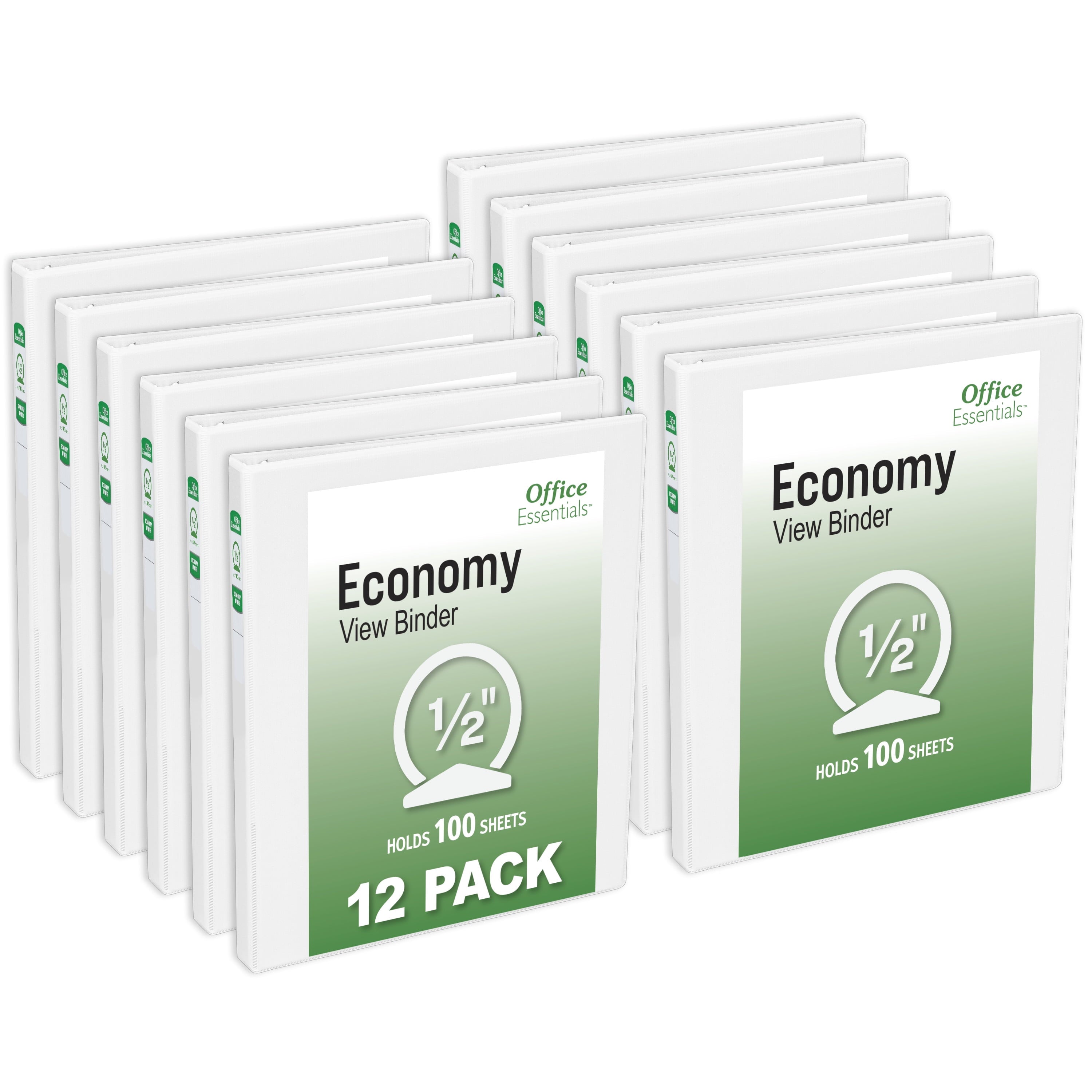 Economy View 3 Ring Binders, 0.5" Round Rings, 0.7" Spine, 100-Sheet Capacity, White Binders (12-Pack of 03422)