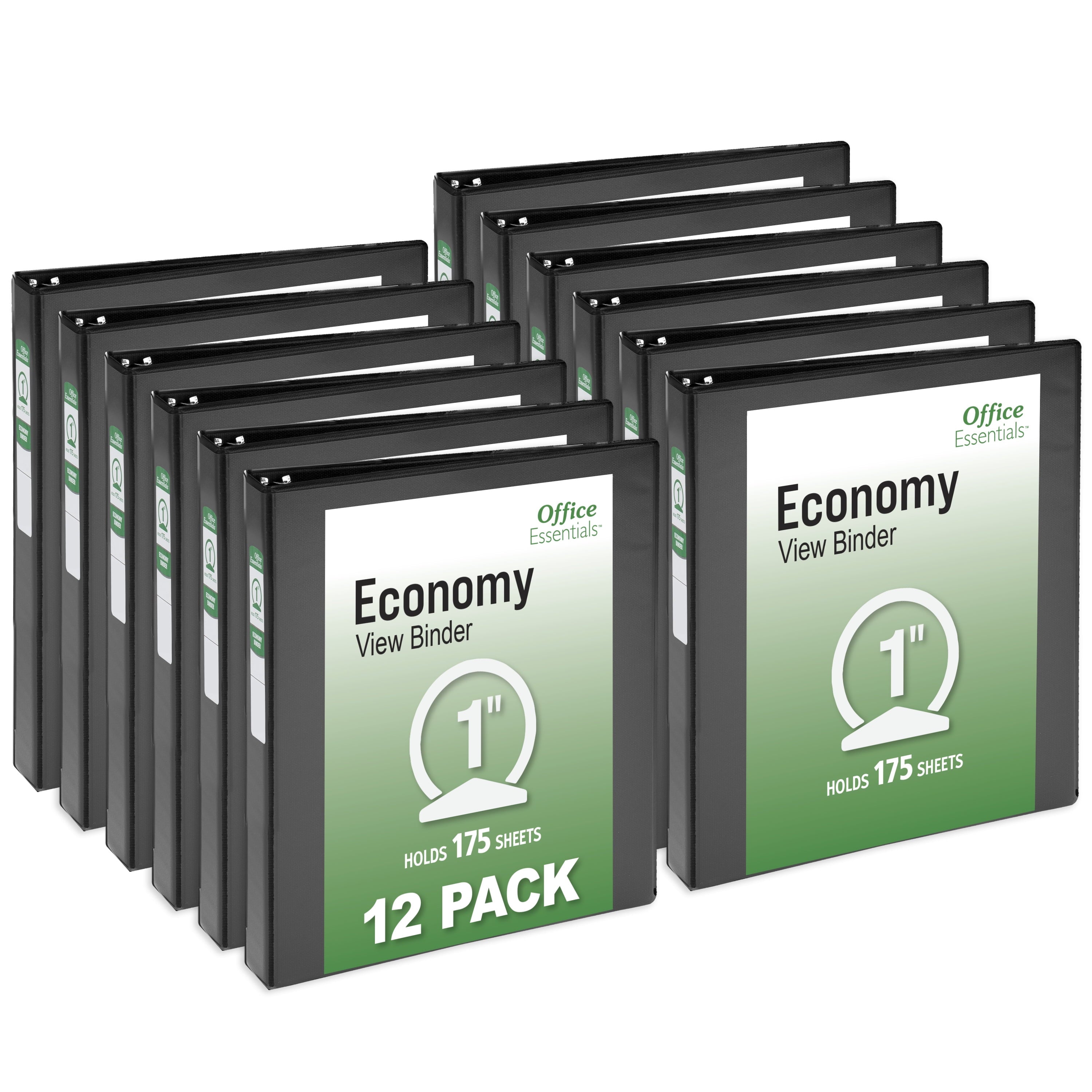 Economy View 3 Ring Binders, 1" Round Rings, 1.4" Spine, 175-Sheet Capacity, Black Binders (12-Pack of 03425)