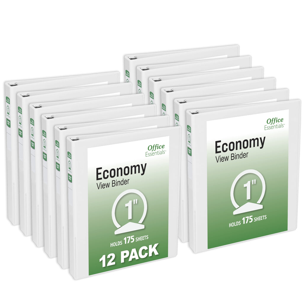 Economy View 3 Ring Binders, 1" Round Rings, 1.4" Spine, 175-Sheet Capacity, White Binders (12-Pack of 03424)