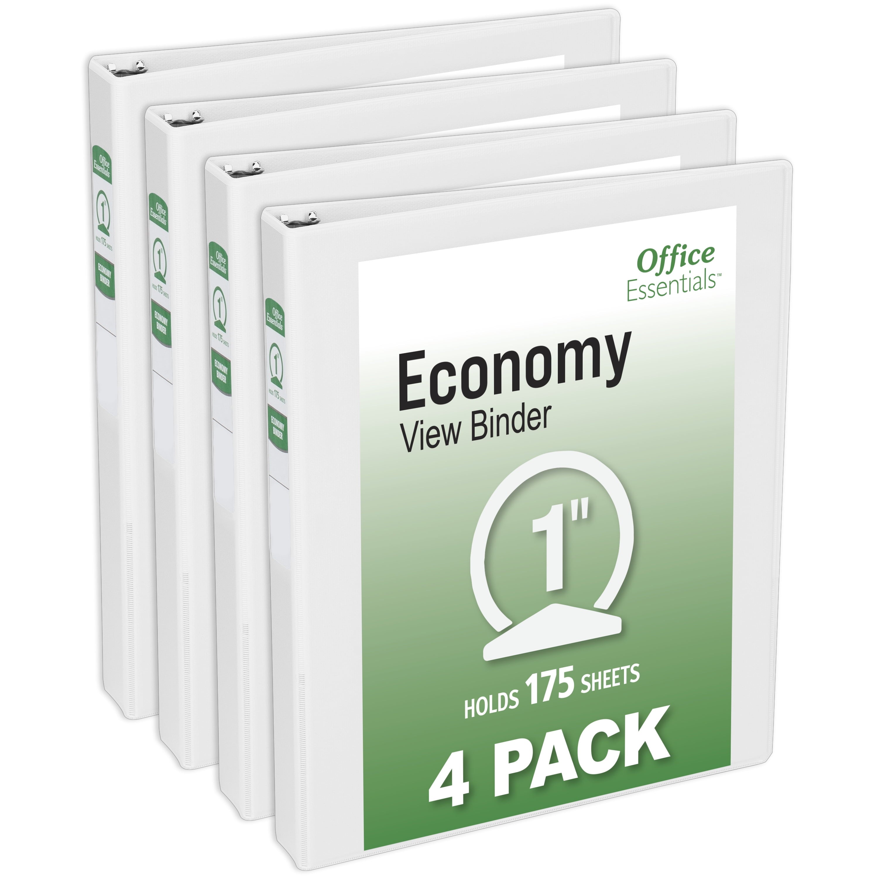 Economy View 3 Ring Binders, 1" Round Rings, 1.4" Spine, 175-Sheet Capacity, White Binders (4-Pack of 03126)