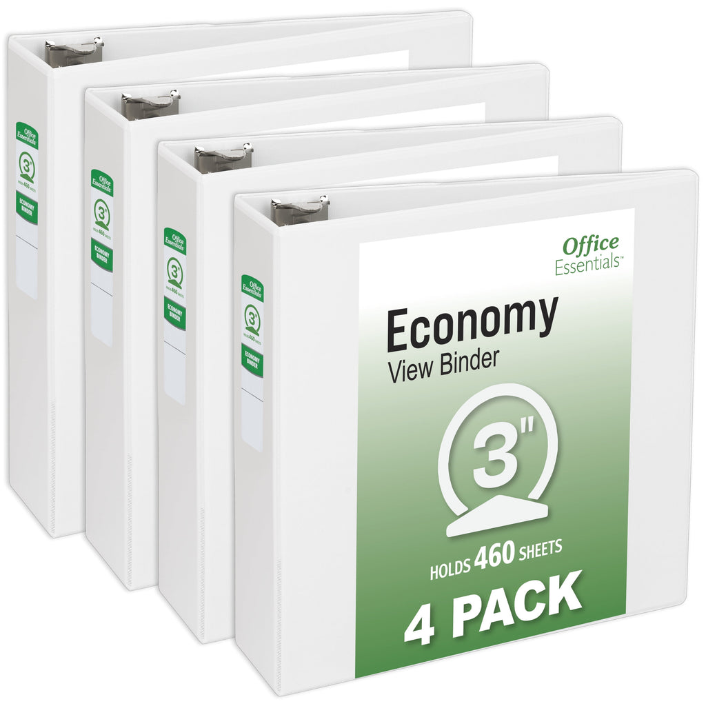 Economy View 3 Ring Binders, 3" Round Rings, 3.5" Spine, 460-Sheet Capacity, White Binders (4-Pack of 03148)