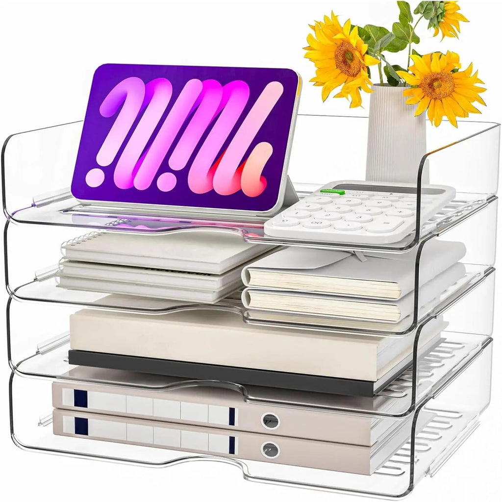Clear 4-Tier Stackable Desk Organizer, Horizontal Paper File Tray, Desktop Document Sorter & Storage for Office, Home...