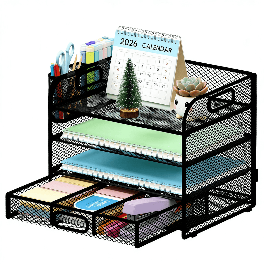 Desk Organizer, Mesh Desktop Organizer for Office, 4-Tier Paper Letter File Organizers with 2 Pen Holder, Black
