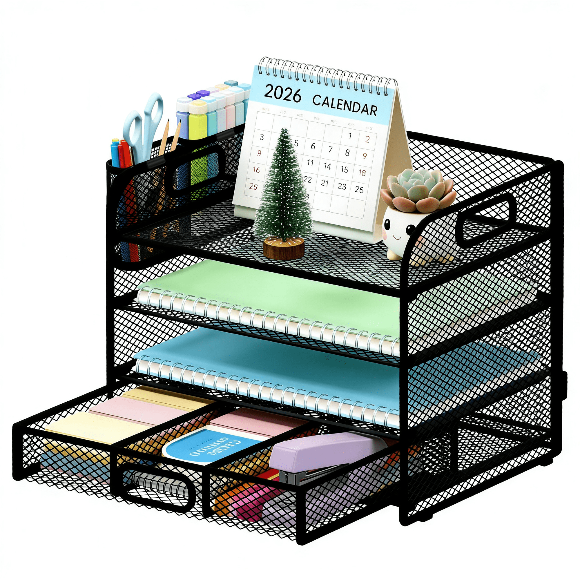 Desk Organizer, Mesh Desktop Organizer for Office, 4-Tier Paper Letter File Organizers with 2 Pen Holder, Black