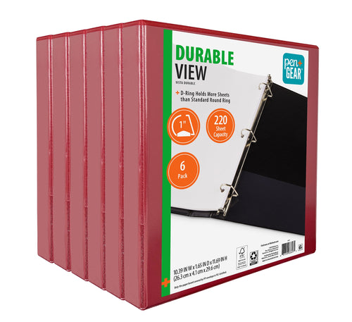 Pen + Gear 1" Durable Binder,1" Slanted D-Rings, Red, 6 Pack